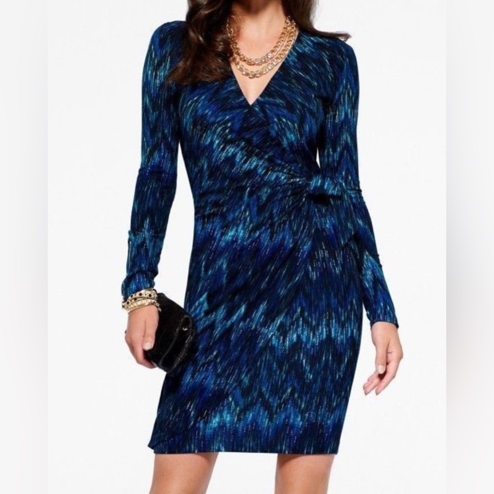 Cache SEXY Blue Stretch Zig Zag Knit WRAP Dress XS